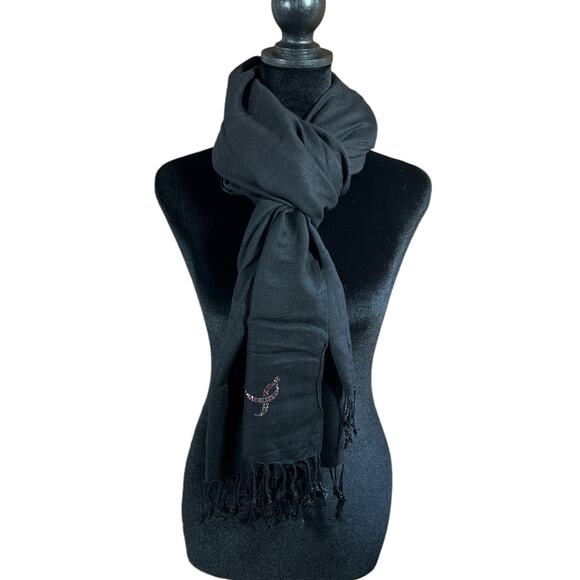 Susan G Komen Breast Cancer Black Scarf Pink Rhinestone Ribbon L 70" X W 28.5" - Picture 3 of 15